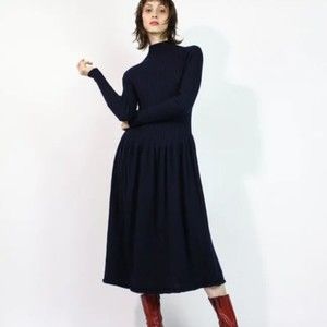 Uniqlo Black 100% Wool Knit Long Sleeve Pullover Sweater Dress Size XS